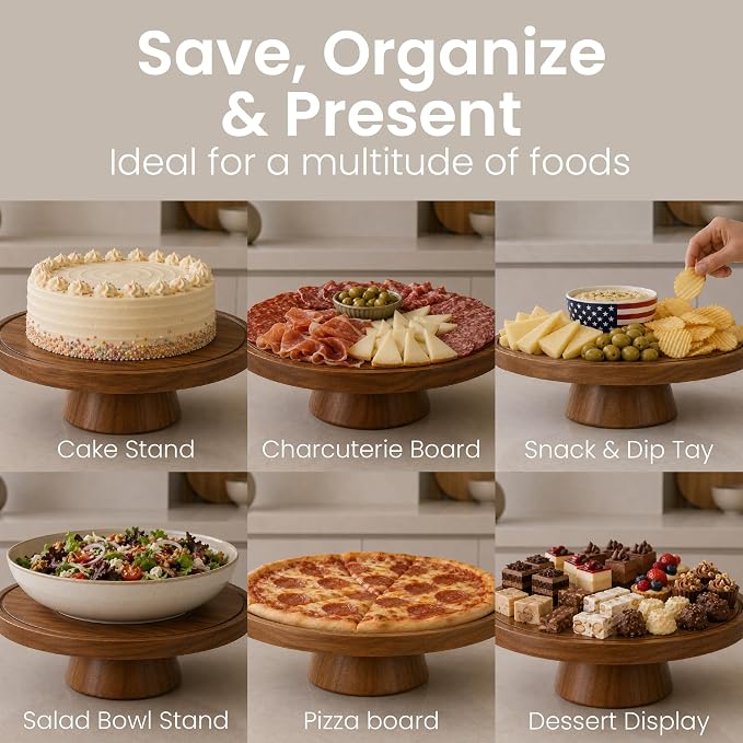 Acacia Wood Cake Stand with Lid Anti-Mold 12 Inch - 2-in-1 Wooden Charcuterie Board - Covered Dessert Plate with Acrylic Dome - Vintage Pastry Display -Tall Domed Serving Stand Platter - Brown