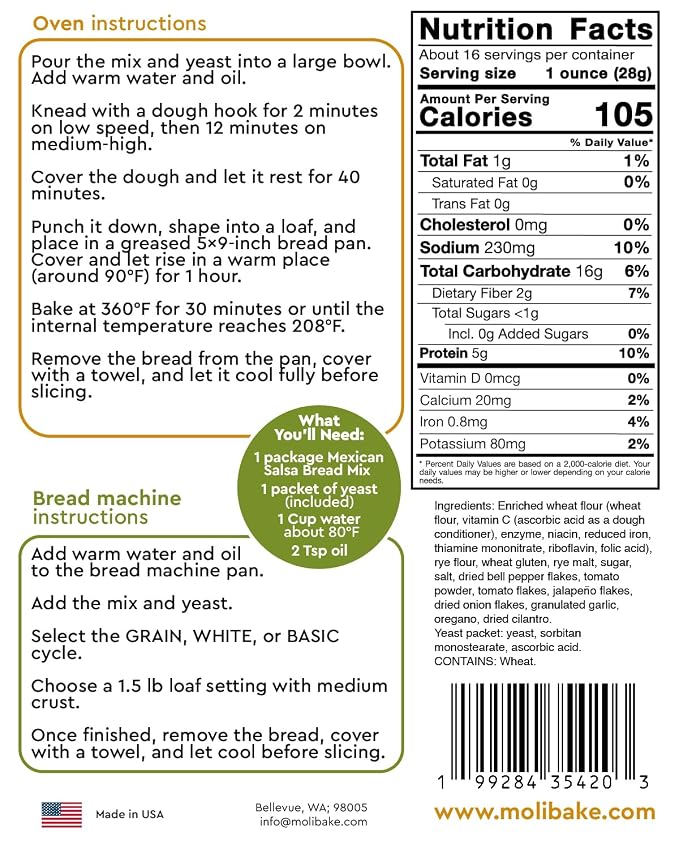Molibake Mexican Salsa Bread Mix – Pack of 2 – Premium Artisan Bread Mix for Bread Machine and Oven – 15 oz – All-Natural Gourmet Blend with Tomato, Jalapeño, Bell Pepper, Onion, Garlic & Cilantro – Easy-to-Use Bread Maker Mix for Homemade Baking