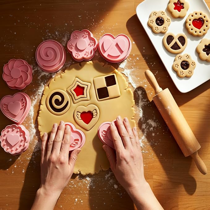 8 Pcs Jam-Filled Sandwich Cookie Cutter Set 3D Heart Star Flower Pressable Embossing Cookie Stamps with Plunger for DIY Baking Kitchen Bakeware Tool Biscuit Fondant Party Supply Cracker Pie