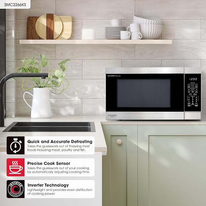 SHARP Countertop Microwave Oven with Removable 16.5" Carousel Turntable, 1200 Watt, 2.2 Cubic Feet, Stainless Steel