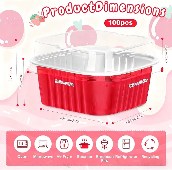 100Pack 5oz Christmas Mini Cake Pans with Lids Baking Cups Aluminum Foil Pans Tins, Individual Dessert Cups Containers for Sales,Party,Picnics Red