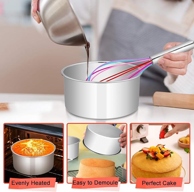 E-far Cake Pans Set of 3, 6 x 3 Inch Stainless Steel Round Cake Baking Pans Tins for Wedding Birthday, Deep Side & Non-toxic, Oven & Dishwasher Safe, Mirror Finish & Straight Side