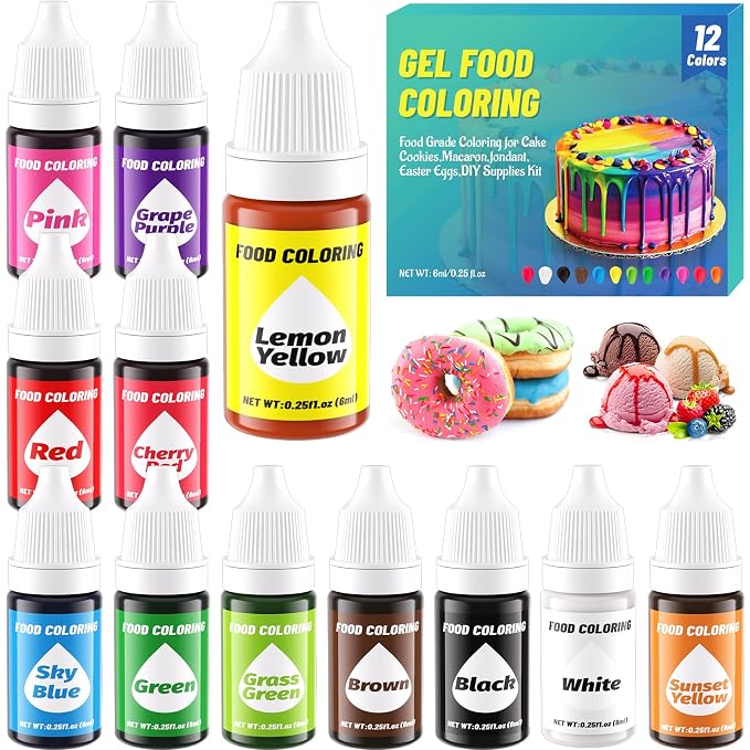 12 Color Gel Food Coloring Liquid Set, KATSPRO Food Grade Tasteless Vibrant Food Coloring Dye for Baking Icing Cake Decorating Cookie Fondant, Frosting, Cookies, Christmas Baking, Easter Egg and DIY Supplies Kit - 0.25 Fl.oz(6ml)/Bottles