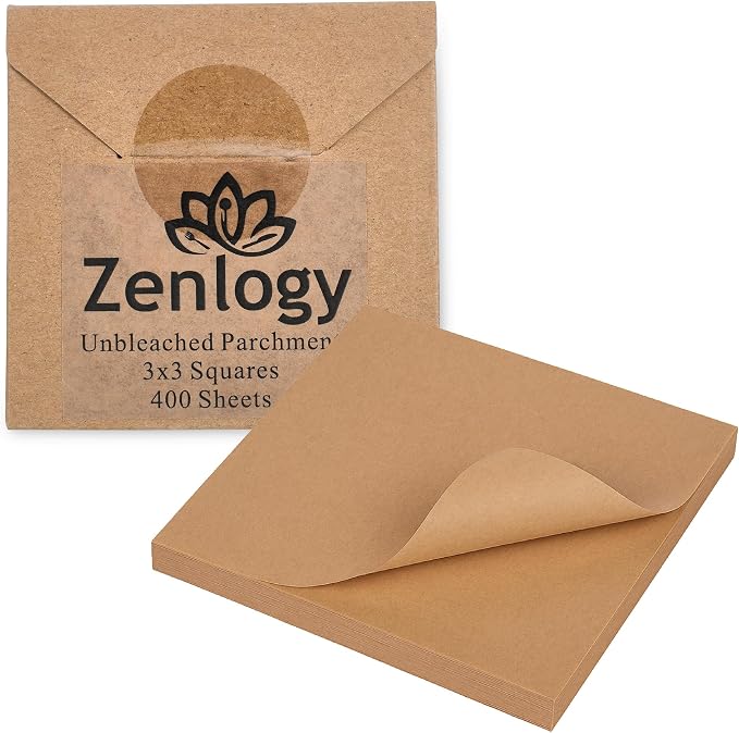 Zenlogy 3x3 Small Parchment Paper Squares (400 sheets) - Unbleached, Non-stick, Pre-cut Mini Parchment Paper - For Diamond Painting, Freezing, Storing, Separating, Flower Piping and Lining