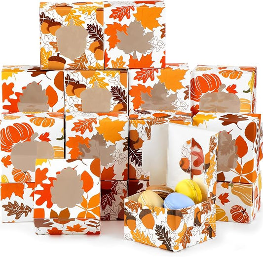 Dispowreath 24 Pcs Fall Treat Boxes with Window Yellow Maple Leaf Pumpkin Printed Candy Cookie Boxes Paper Gift Container Autumn Party Favor for Thanksgiving Fall Cookie Goodie Candy Party