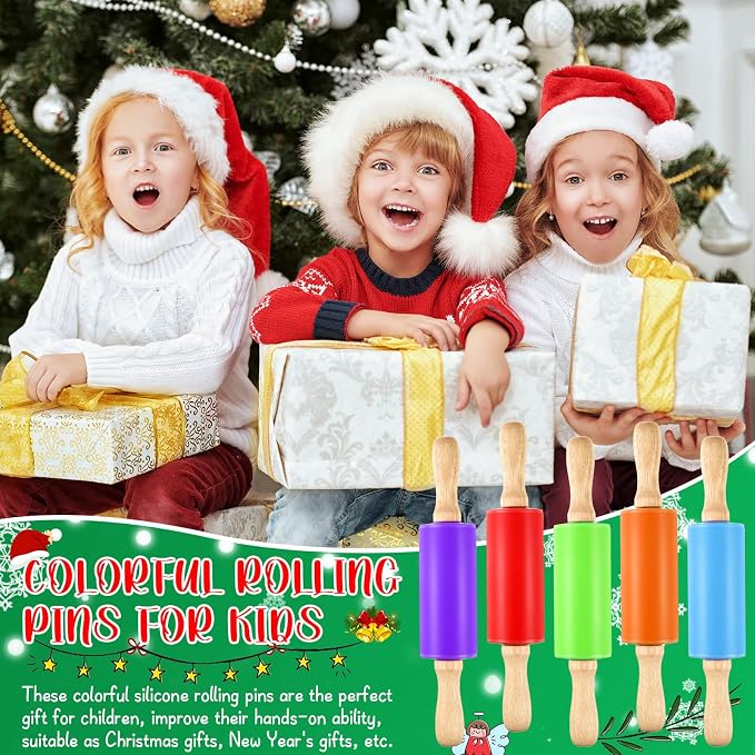 Thenshop 10 Pcs 9 Inch Mini Rolling Pins Kids with Wooden Handle, 5 Colors Silicone Non-stick Small Dough Roller for Kids, Home Kitchen Baking Supplies for Cookie Pastry Fondant Cake