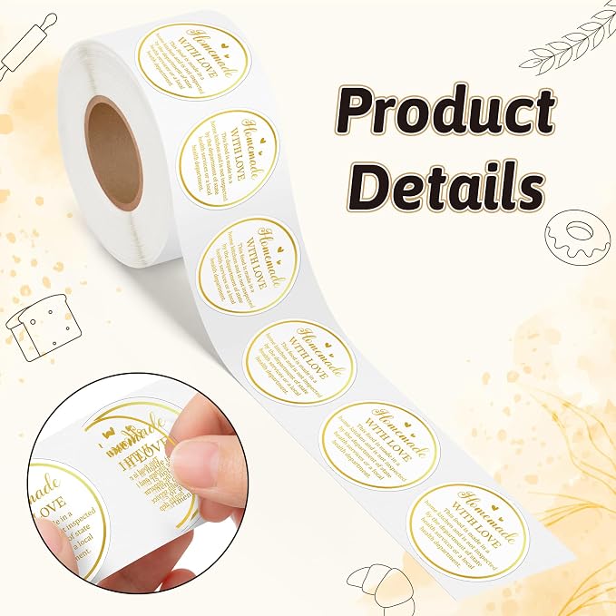 PANTIDE 500 Count Clear Cottage Food Law Labels Transparent PVC Stickers | Homemade with Love, Adhesive Round Decal Roll, Made in a Home Kitchen, for Baked Food Packaging, 2 x 2 Inch, Gold Foil Script
