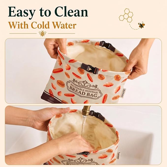 Beeswax Bread Bag 1 Pack, Reusable Linen Bread Bags for Homemade Bread, Extra Large Sourdough Bread Storage Bag, Natural Beeswax Lining Keeps Loaves Fresh Longer, Eco Friendly