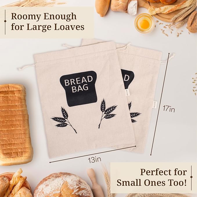 2 x Plastic Lined Bread Bags For Homemade Bread/Homemade Bread Storage Linen - XL 44cm x 35cm