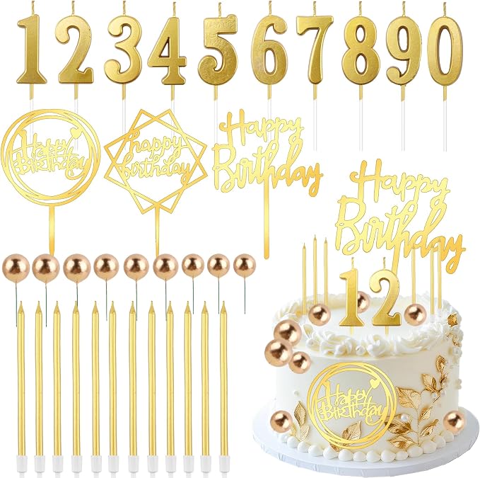 Gold Ball Cake Topper 34Pcs Happy Birthday Cake Toppers Birthday Candles DIY Cake Decorations with Numbers 0-9 for Men Women Wedding Anniversary