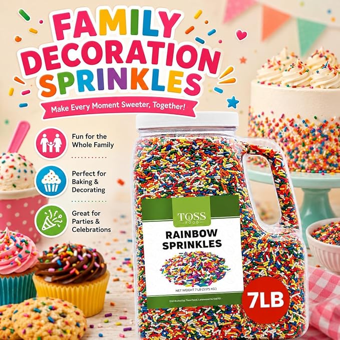 TOSS Rainbow Sprinkles Jimmies, 7 Pounds, Cake Decorating Topping for Baking and Ice Cream, Resealable Container