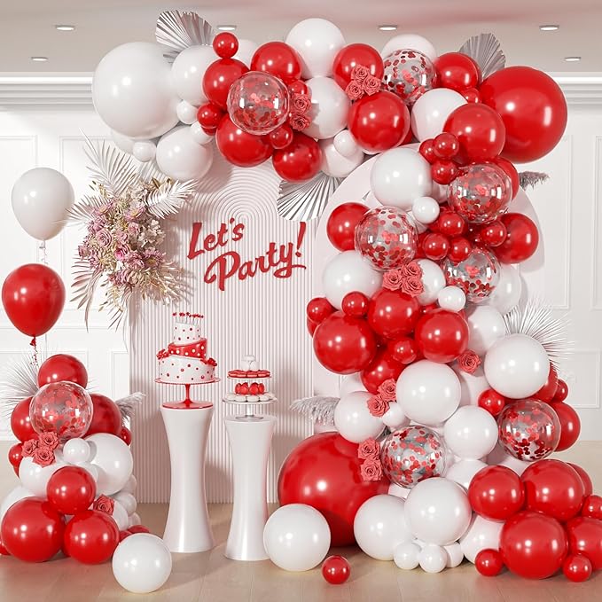 114pcs Red and White Balloons, Red and White Balloon Arch Kit for Wedding Engagement Christmas Valentine's Day Birthday Party Decorations