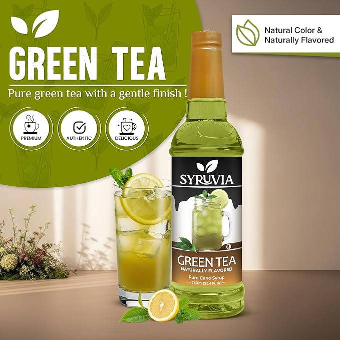 Syruvia Green Tea Syrup, Naturally Flavored Syrup for Teas, Drinks, Lemonades, Iced Teas, and Desserts – 25.4 fl oz - with Pump
