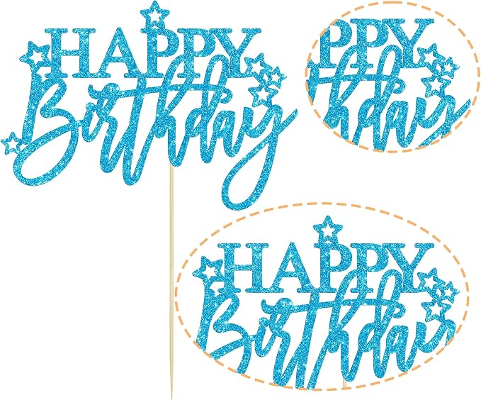Gyufise 1Pcs Happy Birthday Cake Topper Glitter Happy Birthday Cake Pick for Celebrating Happy Birthday Anniversary Theme Party Cake Decorations Supplies Light Blue