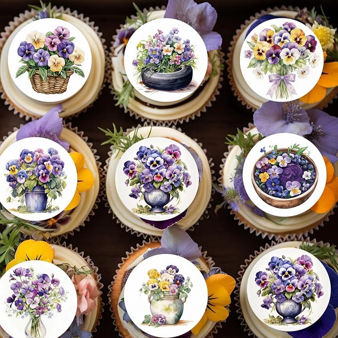 36PCS Edible Pansies Bouquet Cupcake Toppers Wafer Paper Floral Baby Shower Cake Decorations Edible Spring Flower Cupcake Toppers for Floral Theme Birthday Party Decoration