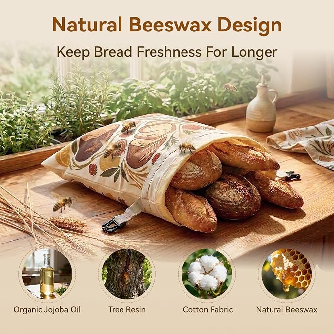Bread Bags for Homemade Bread – 2 Packs XL Beeswax Bread Bags, 2026 Reusable Bread Bag with Sealing Zipper, Organic Cotton Natural Beeswax, Keeps Fresh, Homesteading Essentials, 13x17 Inches