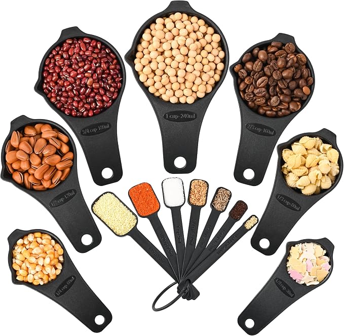 Black Measuring Cups and Spoons Set 15, Plastic Mesuring Cups and Spoons, 7 Plastic Measuring Cups and 7 Measuring Spoons with leveler, Cute Measure Cups for Baking & Kitchen