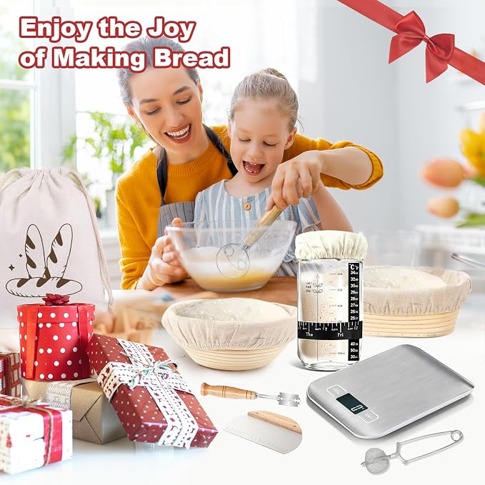 Sourdough Starter Kit with Scale, Glass Jar and Banneton Bread Proofing Basket - Complete Sourdough Bread Baking Supplies, Sour Dough Making Essentials Tools, Gift for Bakers Beiginner Women Wife Mom