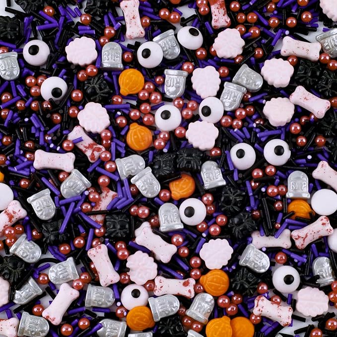 Morofme 3.5 oz Halloween Sprinkles Candy Eyeballs Edible Tombstone Dog Bone Sprinkle Pumpkin Spider Brain Sprinkles Edible Eyes Cake Decorating Black Purple Jimmies Mix Sprinkle for Cupcake Baking