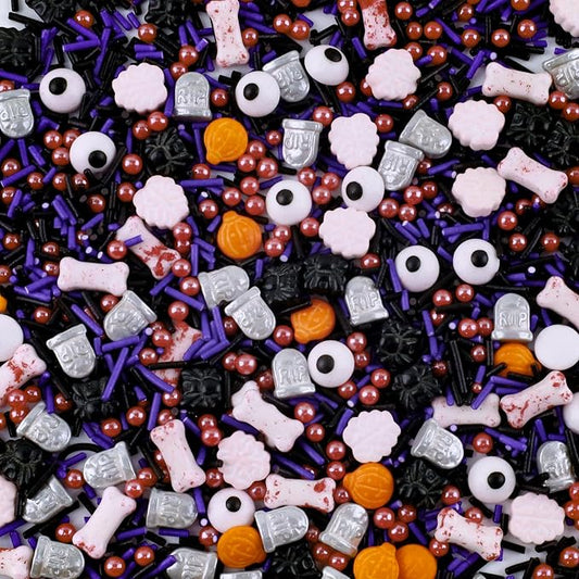 Morofme 3.5 oz Halloween Sprinkles Candy Eyeballs Edible Tombstone Dog Bone Sprinkle Pumpkin Spider Brain Sprinkles Edible Eyes Cake Decorating Black Purple Jimmies Mix Sprinkle for Cupcake Baking