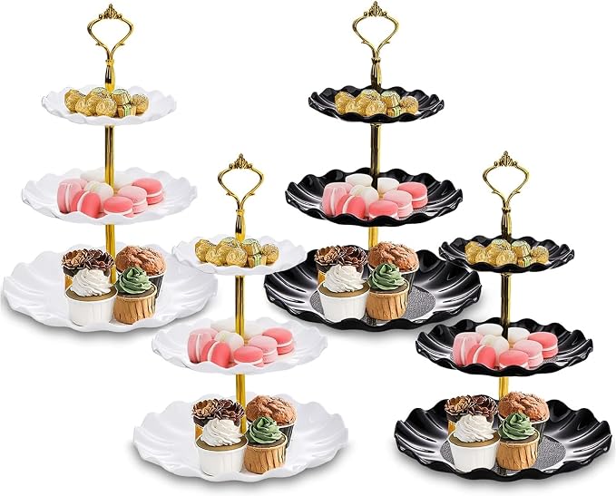 DEAYOU 4 Pack 3 Tier Cupcake Dessert Stand, Plastic Tiered Cake Stand Display Tower, Pastry Serving Tray Platter Rack Holder for Buffet, Cookie, Party, Wedding, Home Decor, White Gold, Black Gold