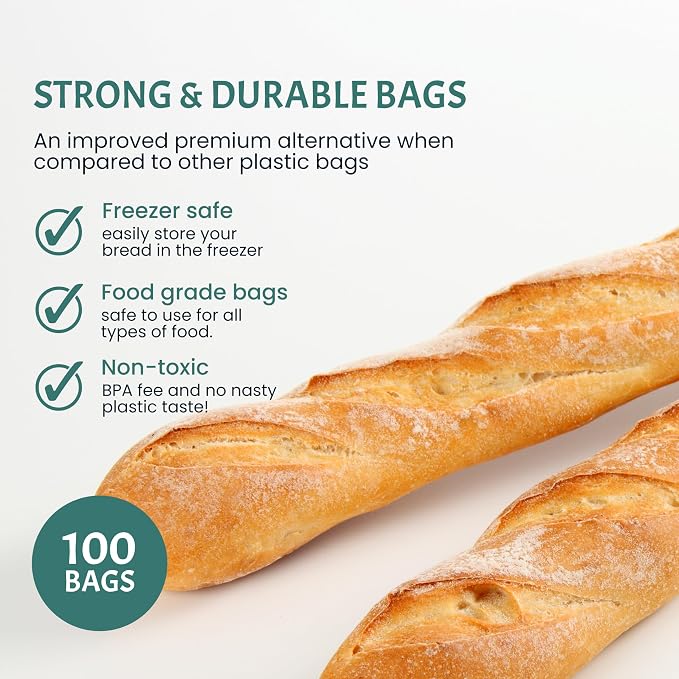 Plastic Bread Bags for Homemade Bread (6x28 inch)- Clear Baguette Bag with Ties For An Airtight Moisture-free Preservation and Storage