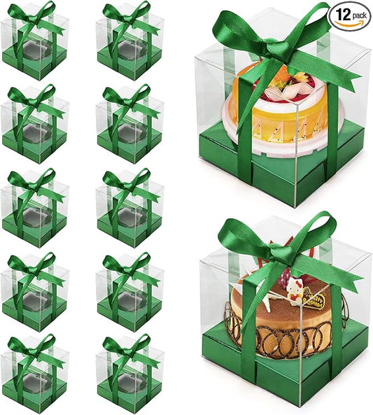 12 Pack Clear Plastic Cupcake Boxes, 3.5 Inch Gold Single Cupcake Containers Disposable Individual Cup Cake Carrier Holder Boxes with Inserts and Ribbon (Green)