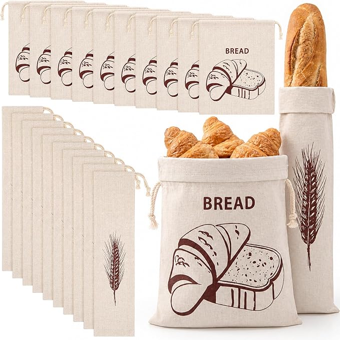 20 Pcs Linen Bread Bags for Homemade Sourdough, 15.8 x 11.8 Inch 25.6 x 5.9 Inch Reusable Bread Storage Pouches with Drawstring, Unbleached Cloth Sack for Artisan Loaf, Bakery Kitchen Gif