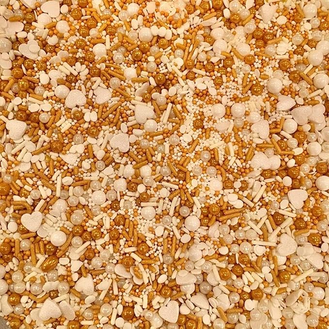COOL MOM SPRINKLES Gold and White Heart Sprinkles (4 oz.) – Heart Sprinkles for Decorating Cakes, Cupcakes, Cookies & Desserts – Mixed in the USA/Gluten-Free (Gold Heart)