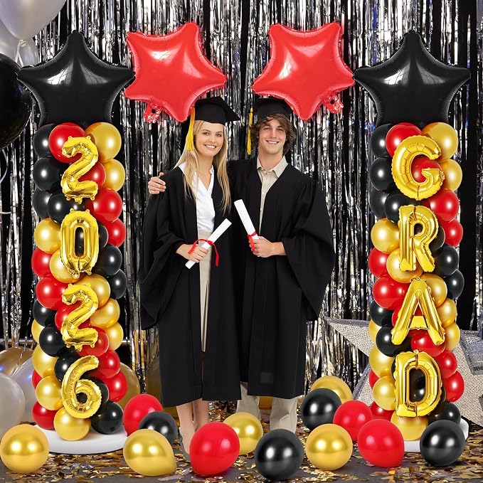 2 Sets Graduation Balloon Column Stand Kit with Balloons Prom Send off 2026 Grad Prom Themed Decor Black Red Balloon Tower Stand for Floor Grad School & College Celebration Party Supplies