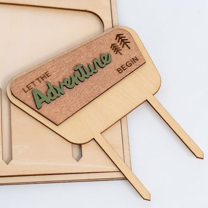 ZAIBIANHAO Let the Adventure Begin Wooden Cake Topper - Natural Adventure Themed Camping Decorations for Baby Shower,Happy Camper Decoration,Camping Birthday Party Supplies