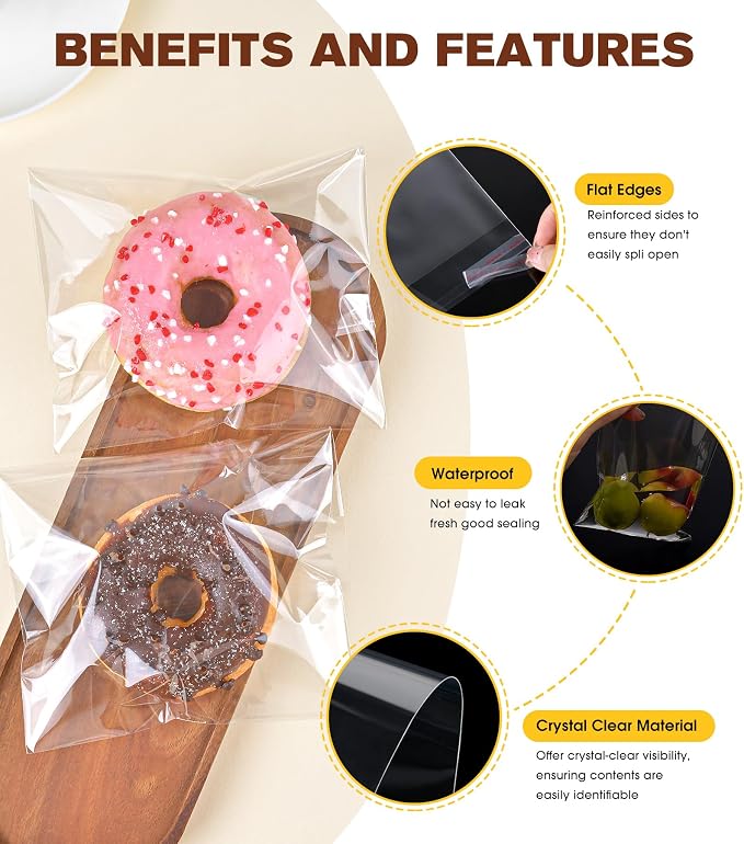 300 Pcs Clear Self Sealing Cellophane Bags, 5x6 Inches Cookie Bags Resealable Cellophane Bag for Packaging Cookies, Candy, Gifts, Favors and Products, 3 Mils Individual Self Adhesive Wrappers