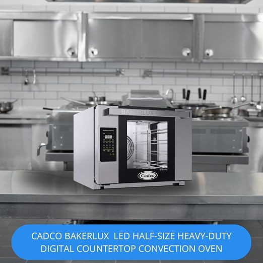 Cadco XAFT-04HS-LD Bakerlux LED Half-Size Digital Countertop Commercial Convection Oven, 4 Shelves, Stainless Steel, 23-5/8", 208/240V, NSF Certified for Restaurant and Food Truck Use