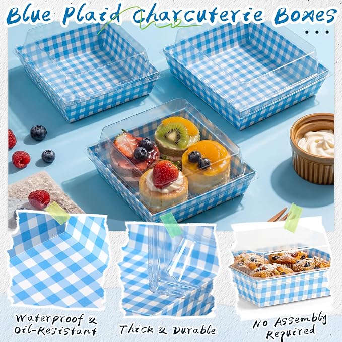 Potchen 50 Pack Blue & White Plaid Charcuterie Boxes with Clear Lids Boxes with Window for Cookies, Candy, and Mini Cakes – Ideal for Gift Giving & Bakery Packaging