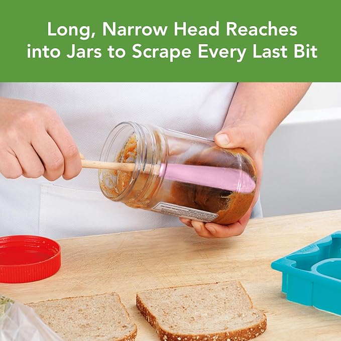 Tovolo Flex Core Jar Scraper With Wood Handle Long Silicone Spatula For Peanut Butter Jelly Jars, Heat Resistant BPA Free Long Handle Jar Spatula for Scraping Spreading, Pink Sorbet