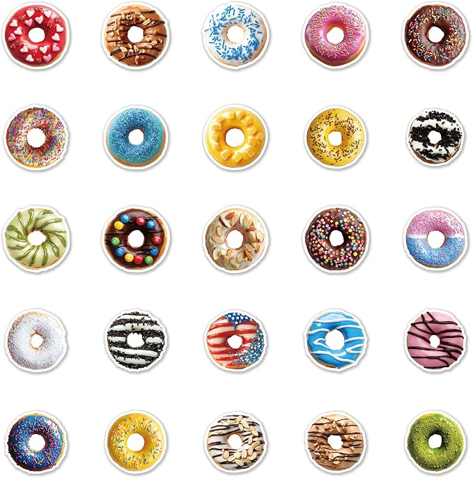 Donut Stickers,50 PCS Doughnut Food Themed Waterproof Sticker Vinyl Decals Supplies Favors Party Decor Water Bottles Laptop Phone Helmet Scrapbooks Gifts Birthday