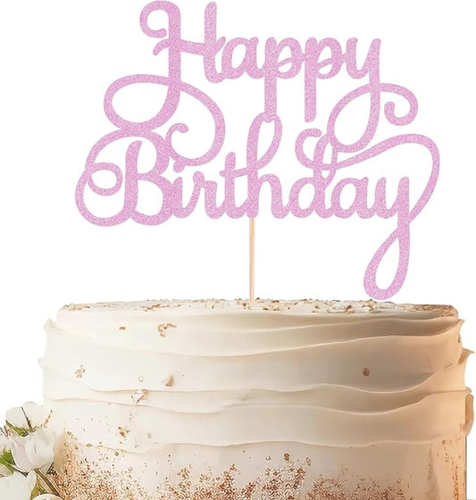 Happy Birthday Cake Topper - Pink Glitter Birthday Party Cake Decoration Supplies, Photo Booth Props