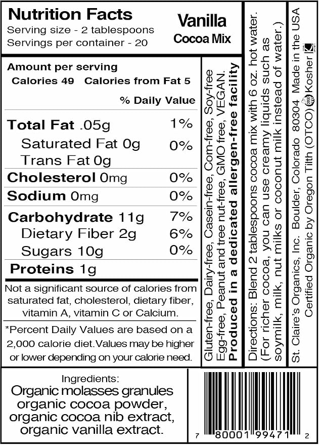 St. Claire's Organic Gourmet Hot Cocoa, (Vanilla, 12 Ounce Bag, 20 servings) | Allergen-Free, Vegan, GMO-Free, Gluten-Free | Made in our Allergen-Free facility