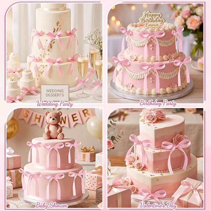 30 PCS Pink Bows for Cake Ribbon Bow Cake Topper Pink Bow Cupcake Toppers for Bridal Weddings Baby Shower Birthday Party Bachelorette Balloon Wall Decorations