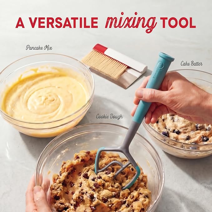 KneadAce Dough Wand, Danish Dough Whisk for Sourdough Baking, Dough Mixer with Silicone Scraping Edges, Self Standing Bowl Mixing Tool (Gray/Turquoise)