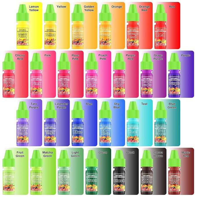Natural Food Coloring - 26 Colors Artificial & FD&C Dye Free Food Coloring, Liquid Natural Food Dye for Baking, Frosting, Cake Decorations, Icing, Easy to Blend, Stable Color Performance - 6ml/Each