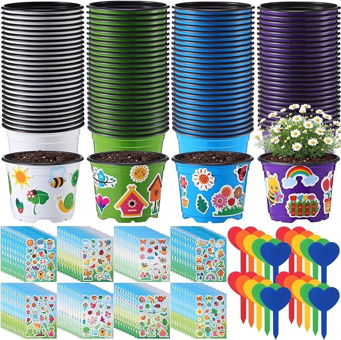 50 Sets Garden Pot Craft Kit, Flower Plant Spring Craft Including Plastic Nursery Plant Pots Labels Tags Stickers for DIY Flower Planting Growing Birthday Arts Kit (Fresh)