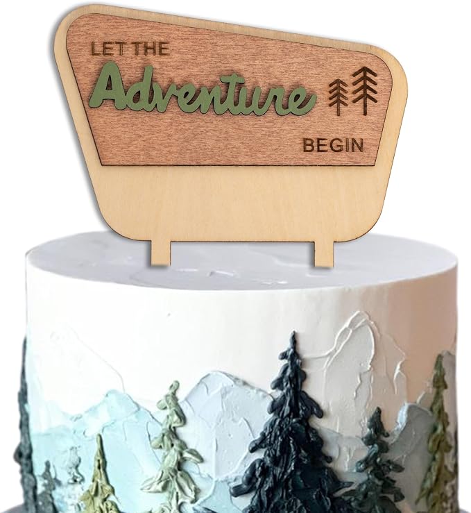 ZAIBIANHAO Let the Adventure Begin Wooden Cake Topper - Natural Adventure Themed Camping Decorations for Baby Shower,Happy Camper Decoration,Camping Birthday Party Supplies