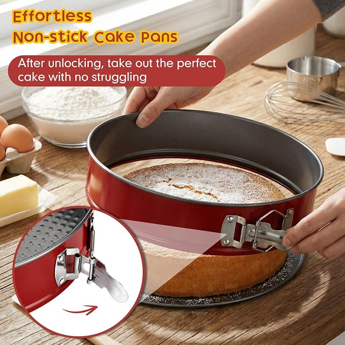 Reallnaive 3 Piece Springform Cake Pan Set 8/9/10 Inch Square Heart Round Baking Pans Leakproof Nonstick Cheesecake Pans with Removable Bottom for Valentines, Birthday, Wedding Party