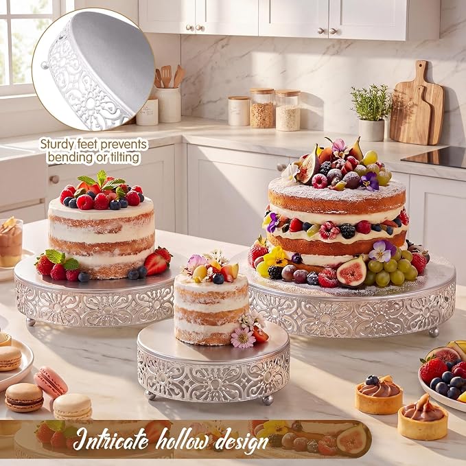 Wenqik 3 Pcs 16'' 14'' 12'' Metal Silver Cake Stand Round Cake Stands for Dessert Table Cookies Fruit Serving Tray Cupcake Dessert Pastry Riser for Wedding Birthday Party and Events