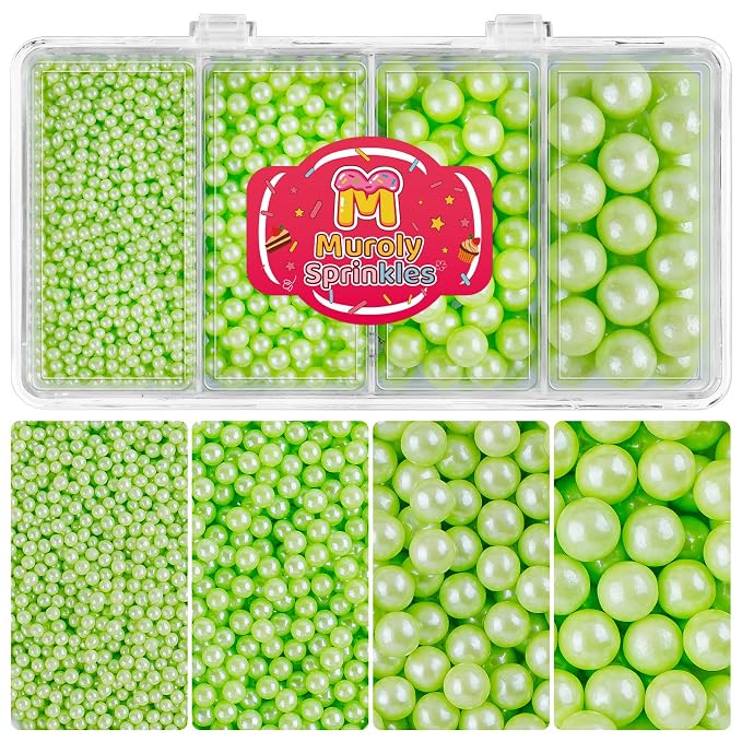 Green Pearl Sprinkles for Cake Decorating, 4 Sizes Edible Pearls Green Sprinkles for Cupcakes Ice Cream Dessert 4.6oz