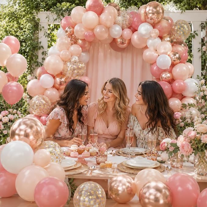 Dusty Blush Pink and Gold Balloon Arch Kit, Cream Rose Pink Balloon Garland Kit with Metallic Champagne Gold and Confetti Balloons, Beige Boho White Balloons for Wedding Bridal Birthday Decorations