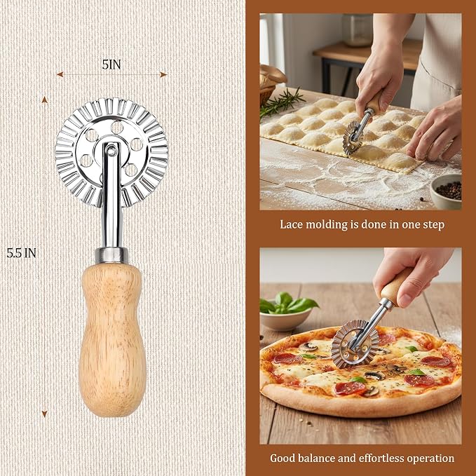 Short Handle Large Cutter Wheel - Exquisite Wooden Handle, Perfect for Pasta, Pizza, Ravioli, Cookie - Versatile Crinkle and Biscuit Cutter for Effortless Slicing