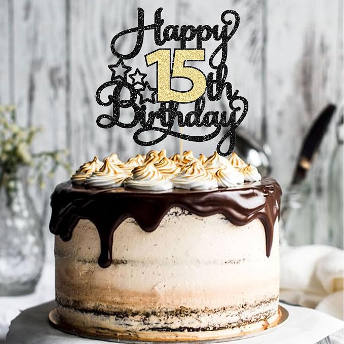 1Pc Happy 15th Birthday Cake Topper Black Gold Glitter Cheers to 15 Years Birthday Cake Pick 15 Fabulous Cake Decoration for Happy 15th Birthday Anniversary Party Cake Decorations Supplies