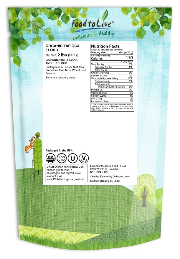 Food to Live Organic Tapioca Flour, 2 Pounds – Non-GMO Finely Ground Tapioca Starch. Wheat and Rice Flour Substitute. All Purpose Thickening Agent for Baking, Sauces & Gravies. Vegan, Bulk